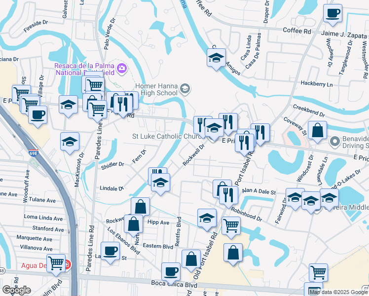 map of restaurants, bars, coffee shops, grocery stores, and more near 2845 Harwell Drive in Brownsville