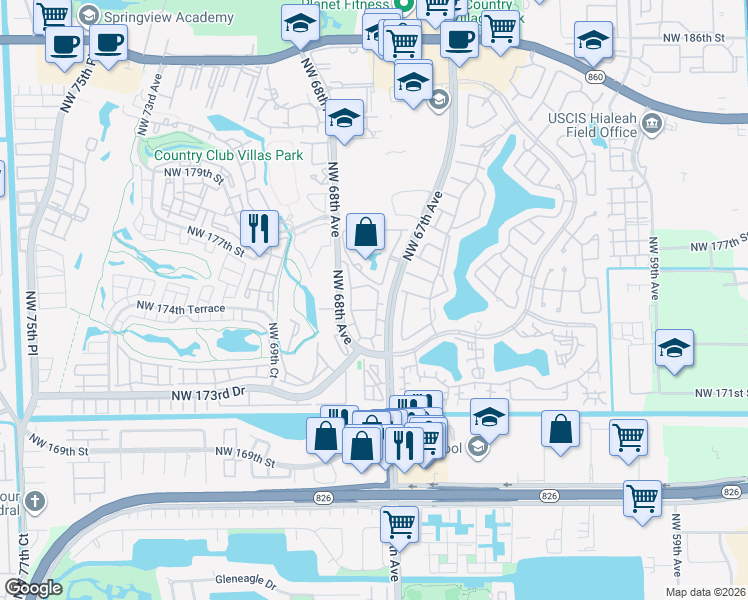 map of restaurants, bars, coffee shops, grocery stores, and more near 17500 Northwest 67th Court in Hialeah