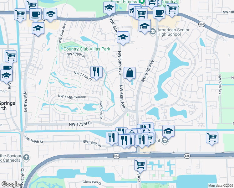 map of restaurants, bars, coffee shops, grocery stores, and more near 17600 Northwest 68th Avenue in Hialeah