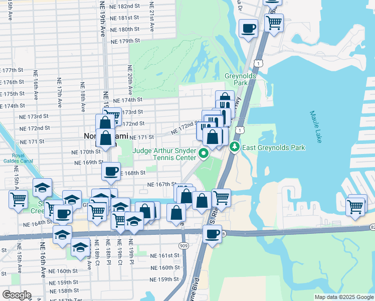 map of restaurants, bars, coffee shops, grocery stores, and more near 16952 Northeast 23rd Avenue in North Miami Beach