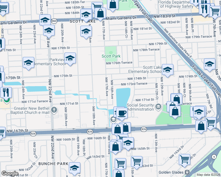 map of restaurants, bars, coffee shops, grocery stores, and more near 17221 Northwest 16th Avenue in Miami