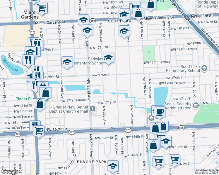 map of restaurants, bars, coffee shops, grocery stores, and more near 17240 Northwest 19th Avenue in Miami Gardens