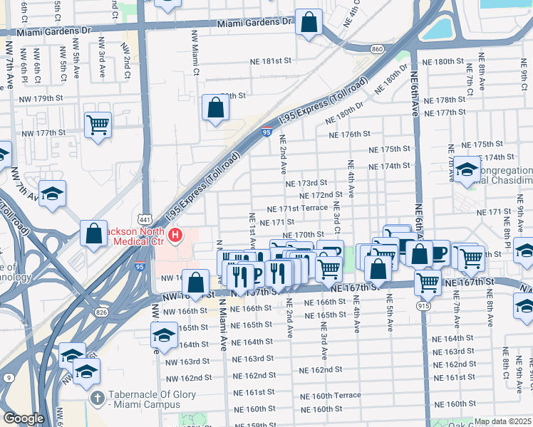 map of restaurants, bars, coffee shops, grocery stores, and more near 141 Northeast 171 Street in North Miami Beach