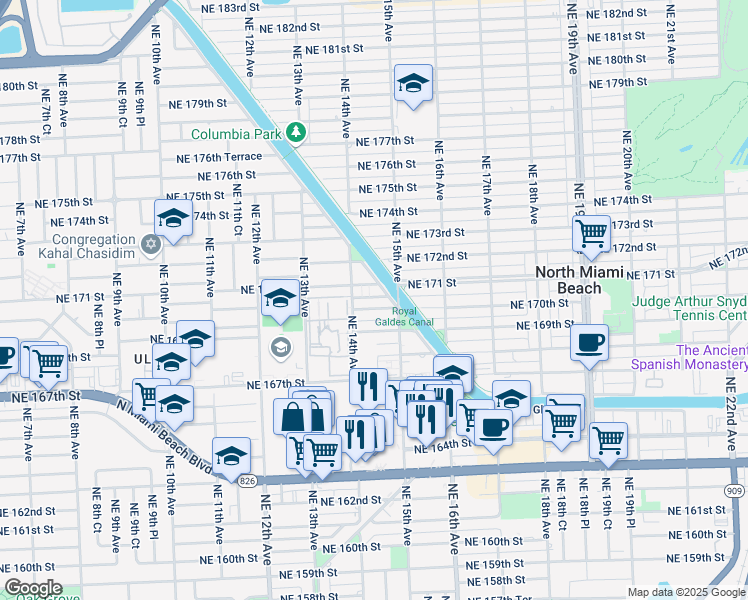 map of restaurants, bars, coffee shops, grocery stores, and more near 1451 Northeast 170th Street in North Miami Beach