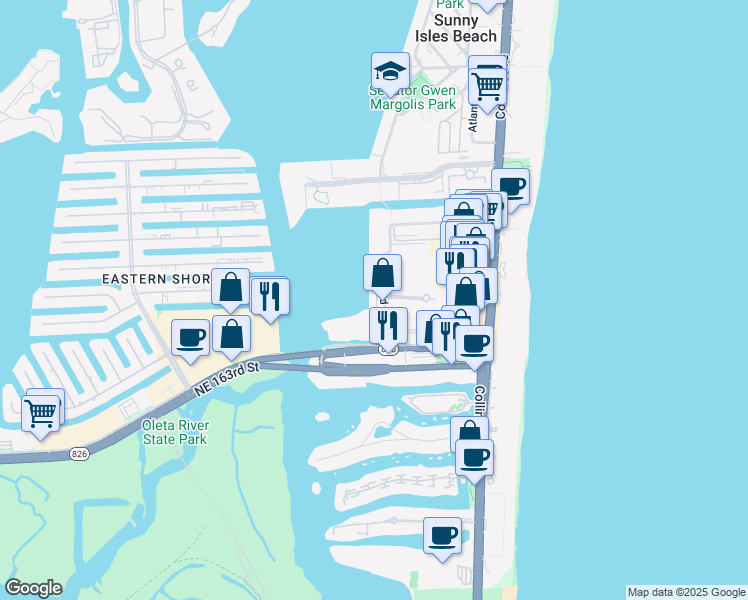 map of restaurants, bars, coffee shops, grocery stores, and more near 16950 North Bay Road in Sunny Isles Beach