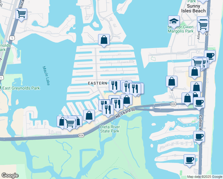 map of restaurants, bars, coffee shops, grocery stores, and more near 3749 Northeast 165th Street in North Miami Beach