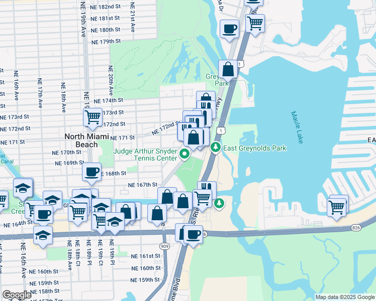map of restaurants, bars, coffee shops, grocery stores, and more near 17000 West Dixie Highway in North Miami Beach