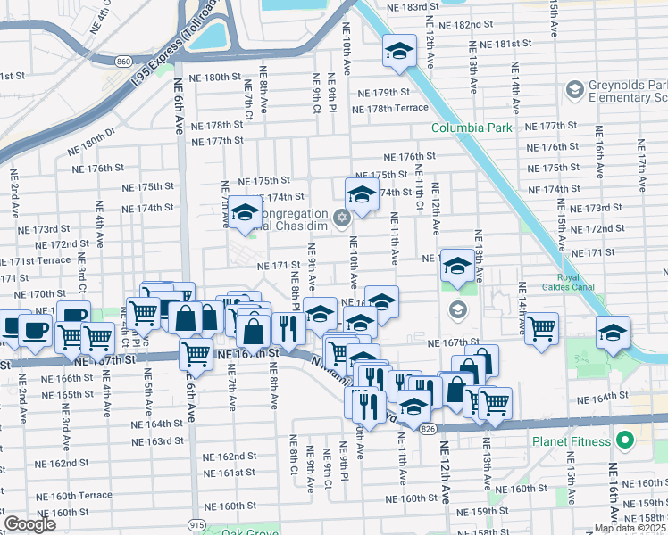 map of restaurants, bars, coffee shops, grocery stores, and more near 995 Northeast 170th Street in Miami