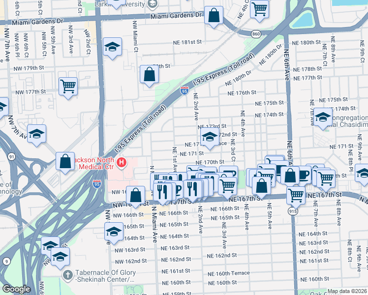 map of restaurants, bars, coffee shops, grocery stores, and more near 141 Northeast 171 Street in North Miami Beach