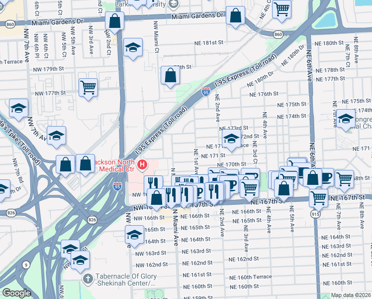 map of restaurants, bars, coffee shops, grocery stores, and more near 76 Northeast 171st Terrace in North Miami Beach