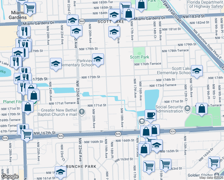 map of restaurants, bars, coffee shops, grocery stores, and more near 1840 Northwest 172nd Terrace in Miami Gardens