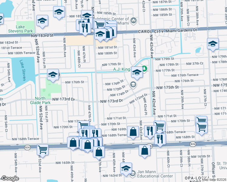 map of restaurants, bars, coffee shops, grocery stores, and more near 4441 Northwest 174th Drive in Miami Gardens