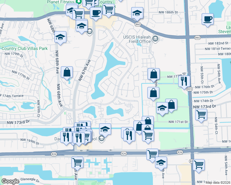 map of restaurants, bars, coffee shops, grocery stores, and more near 17305 Northwest 63rd Avenue in Hialeah