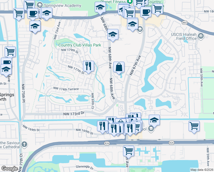 map of restaurants, bars, coffee shops, grocery stores, and more near 17600 Northwest 68th Avenue in Hialeah
