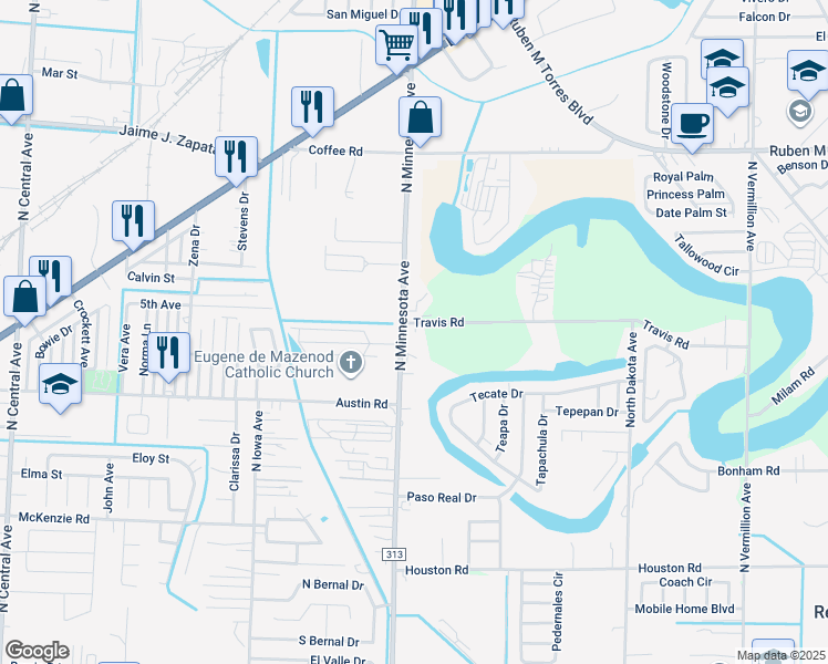 map of restaurants, bars, coffee shops, grocery stores, and more near 1312 North Minnesota Avenue in Brownsville