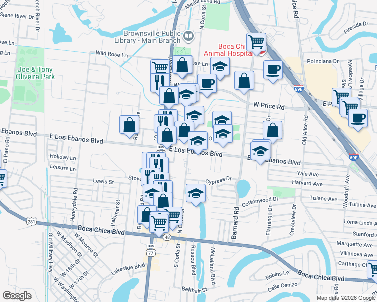 map of restaurants, bars, coffee shops, grocery stores, and more near 2007 North Coria Street in Brownsville