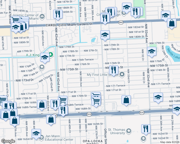 map of restaurants, bars, coffee shops, grocery stores, and more near 3820 Northwest 174th Street in Miami Gardens
