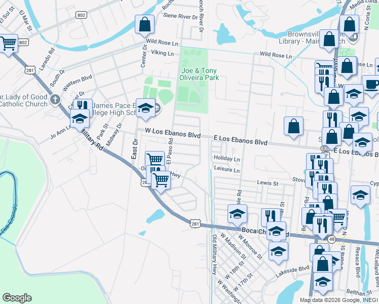 map of restaurants, bars, coffee shops, grocery stores, and more near 105 Calle Princesa in Brownsville
