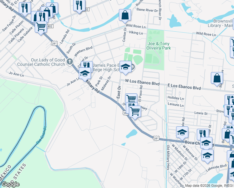 map of restaurants, bars, coffee shops, grocery stores, and more near 27 East Drive in Brownsville
