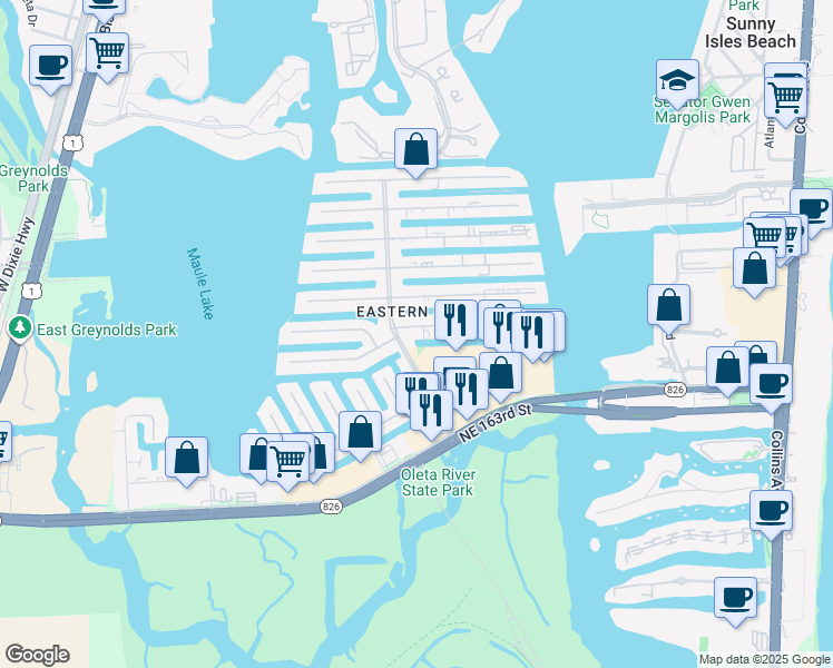 map of restaurants, bars, coffee shops, grocery stores, and more near 16435 Northeast 35th Avenue in North Miami Beach