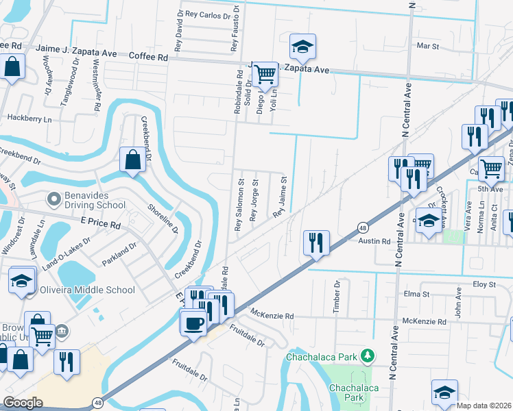 map of restaurants, bars, coffee shops, grocery stores, and more near 427 Rey Juan Carlos Street in Brownsville