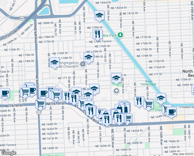 map of restaurants, bars, coffee shops, grocery stores, and more near 1111 Northeast 170th Street in Miami
