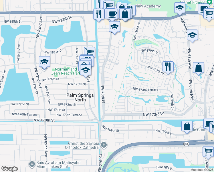 map of restaurants, bars, coffee shops, grocery stores, and more near 17460 Northwest 76th Court in Hialeah