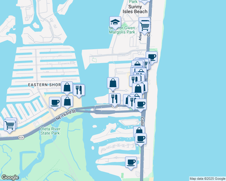 map of restaurants, bars, coffee shops, grocery stores, and more near 16800 North Bay Road in Sunny Isles Beach