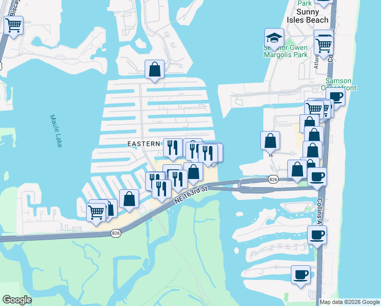 map of restaurants, bars, coffee shops, grocery stores, and more near 3809 Northeast 163rd Street in North Miami Beach
