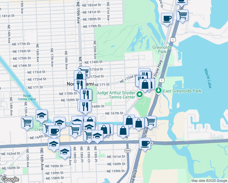 map of restaurants, bars, coffee shops, grocery stores, and more near 16930 Northeast 21st Avenue in North Miami Beach