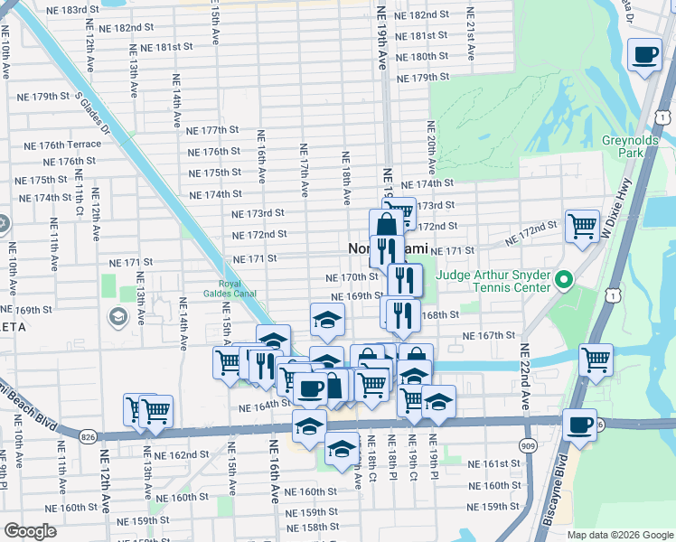 map of restaurants, bars, coffee shops, grocery stores, and more near 16992 Northeast 18th Avenue in North Miami Beach