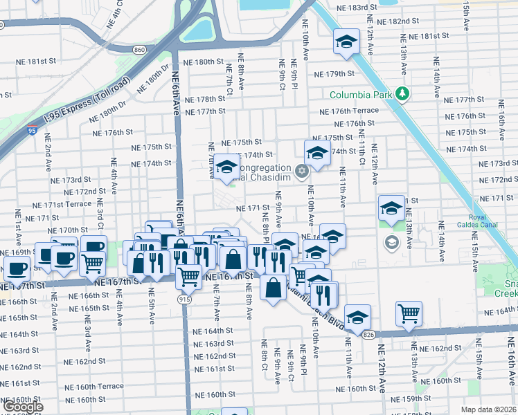 map of restaurants, bars, coffee shops, grocery stores, and more near 17001 Northeast 8th Court in North Miami Beach