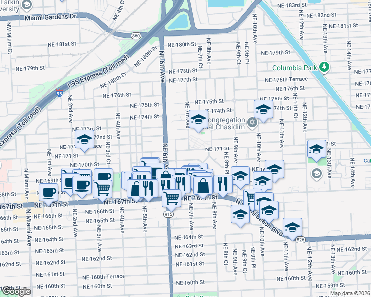 map of restaurants, bars, coffee shops, grocery stores, and more near 620 Northeast 171 Street in North Miami Beach