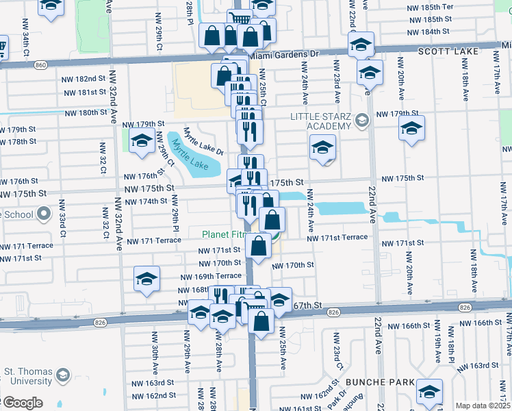 map of restaurants, bars, coffee shops, grocery stores, and more near 2530 Northwest 173rd Terrace in Miami Gardens