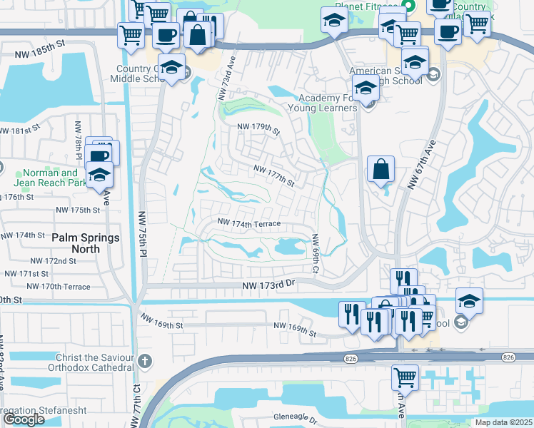 map of restaurants, bars, coffee shops, grocery stores, and more near 7101 Northwest 174th Terrace in Hialeah