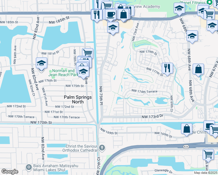 map of restaurants, bars, coffee shops, grocery stores, and more near 7519 Northwest 174th Terrace in Hialeah