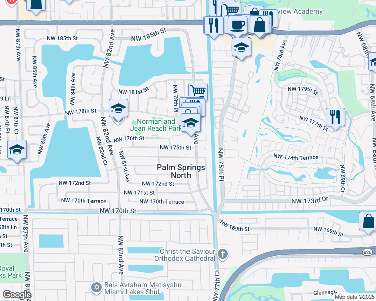 map of restaurants, bars, coffee shops, grocery stores, and more near 7830 Northwest 174th Terrace in Hialeah