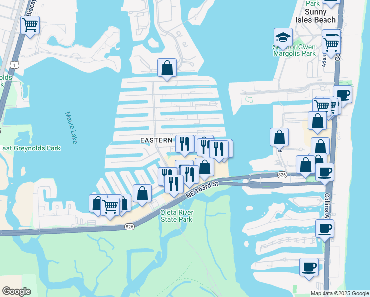 map of restaurants, bars, coffee shops, grocery stores, and more near 3660 Northeast 166th Street in North Miami Beach
