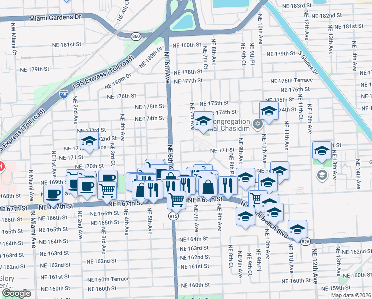 map of restaurants, bars, coffee shops, grocery stores, and more near 620 Northeast 171 Street in North Miami Beach