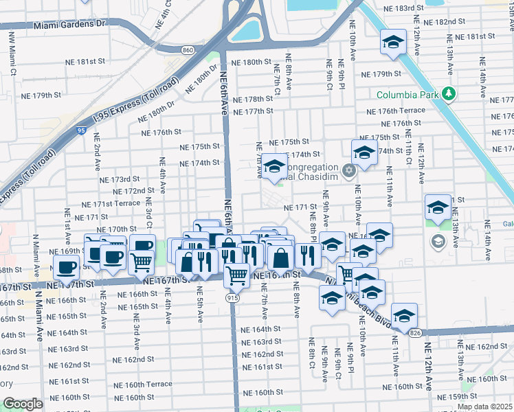 map of restaurants, bars, coffee shops, grocery stores, and more near 620 Northeast 171 Street in North Miami Beach