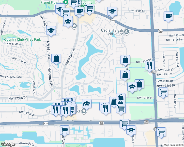 map of restaurants, bars, coffee shops, grocery stores, and more near 17305 Northwest 63rd Avenue in Hialeah
