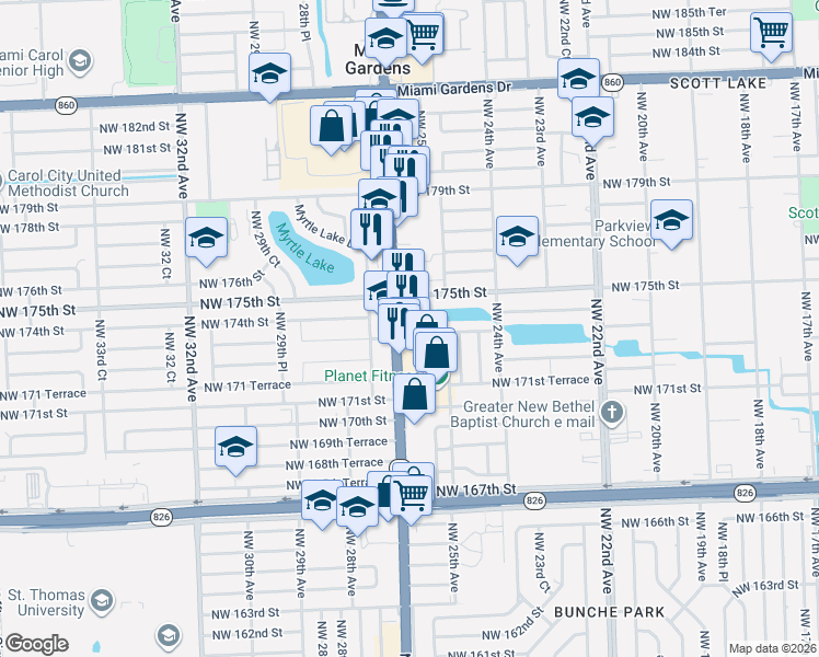 map of restaurants, bars, coffee shops, grocery stores, and more near 2530 Northwest 173rd Terrace in Miami Gardens