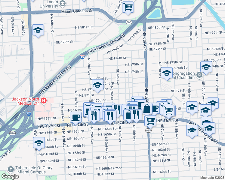 map of restaurants, bars, coffee shops, grocery stores, and more near 374 Northeast 171 Street in North Miami Beach