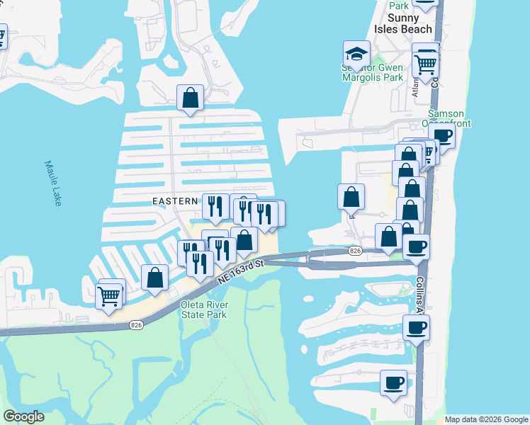map of restaurants, bars, coffee shops, grocery stores, and more near 3885 Northeast 163rd Street in North Miami Beach