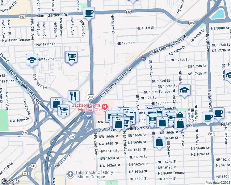 map of restaurants, bars, coffee shops, grocery stores, and more near 70 Northwest 171 Terrace in Miami