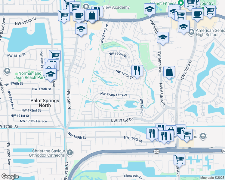 map of restaurants, bars, coffee shops, grocery stores, and more near 7281 Northwest 174th Terrace in Hialeah