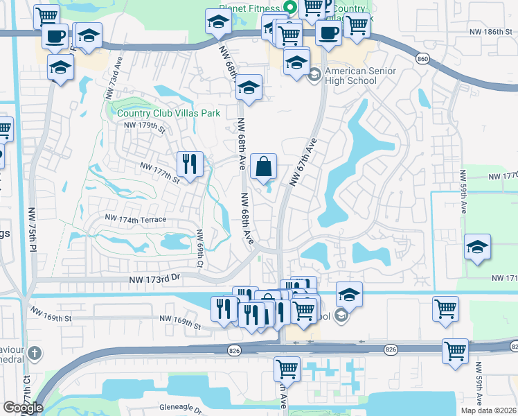 map of restaurants, bars, coffee shops, grocery stores, and more near 17505 Northwest 67th Place in Hialeah