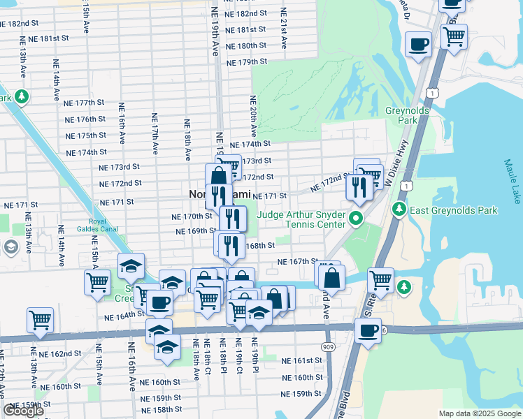 map of restaurants, bars, coffee shops, grocery stores, and more near 16961 Northeast 20th Avenue in North Miami Beach
