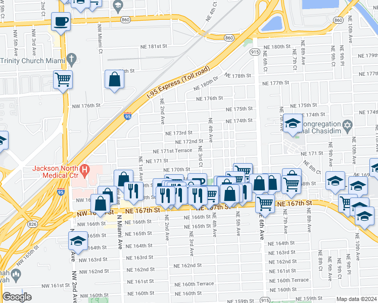 map of restaurants, bars, coffee shops, grocery stores, and more near 17130 Northeast 3rd Avenue in North Miami Beach