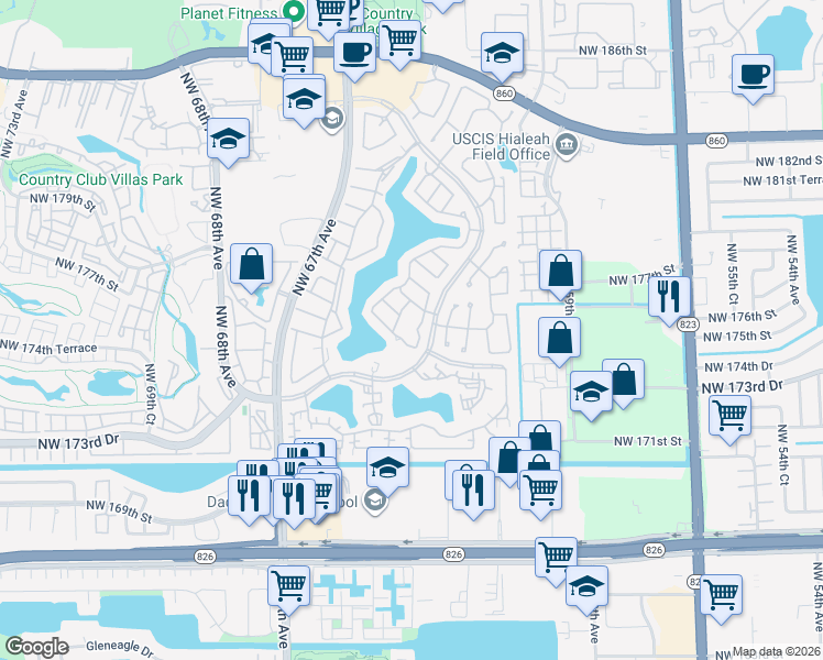 map of restaurants, bars, coffee shops, grocery stores, and more near 17305 Northwest 63rd Avenue in Hialeah